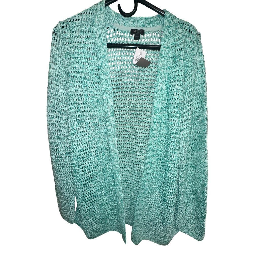 J. Jill Wearever Open Knit Cardigan Sweater Medium NWT Aqua Mint 100% Cotton - Picture 3 of 8